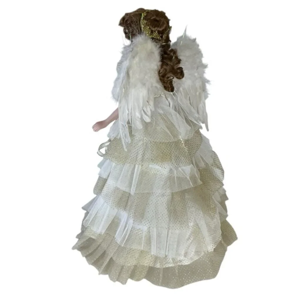 Vintage Porcelain Angel Doll 19” Brunette with Stand Gold White Lace Gown 1989